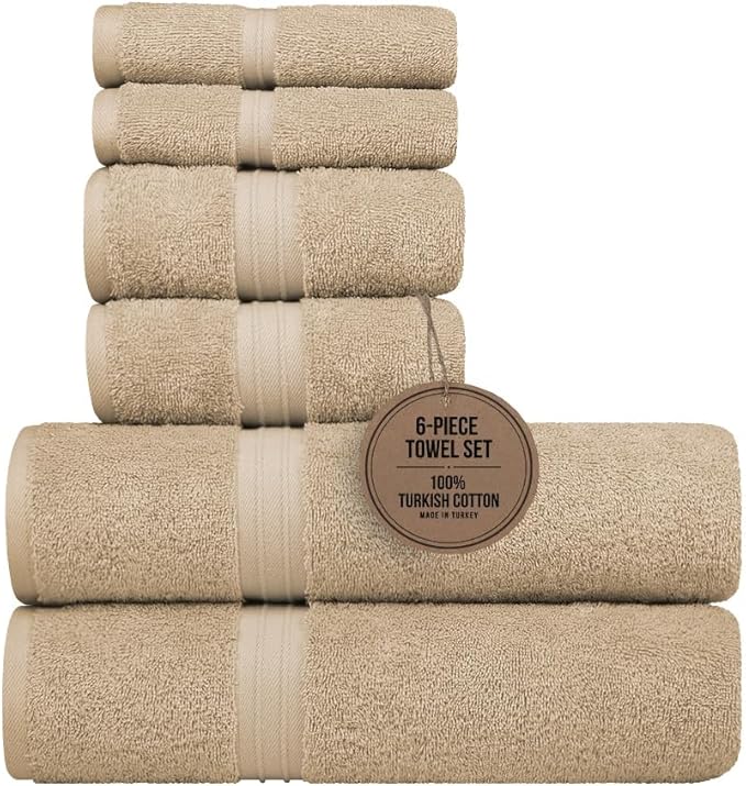 6 Pack Towel Set - 100% Cotton & Soft - Cozy, Luxury, Hotel Quality, Contains 2 Bath Towel (28" x 56"), 2 Hand Towels for Bathroom (16"x28") and 2 Wash Cloths (12"x12") - Beige