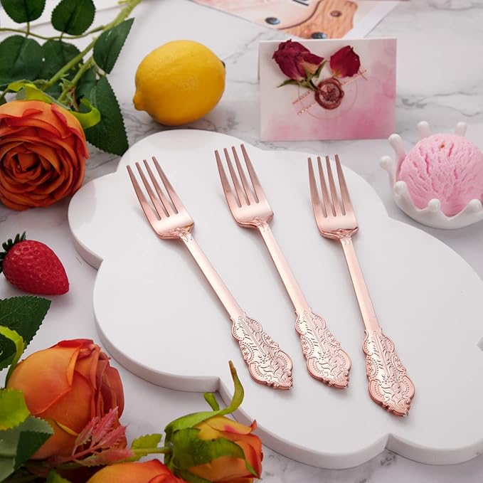 Ciaell 200PCS Rose gold Plastic Forks - Heavy Duty Plastic Forks - 7.48 Inch Heavyweight Rose gold Forks - Disposable rose gold Dessert Forks Perfect for Parties & Weddings & Restaurants