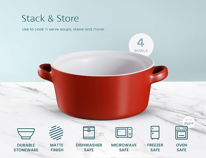 Kook Soup Crocks, Ceramic Stackable Bowls, Broil, Oven, Microwave and Dishwasher Safe, with Handles, For Casserole, Pasta, Cereal, Capacity 18 oz, Set of 4, (Matte Red)