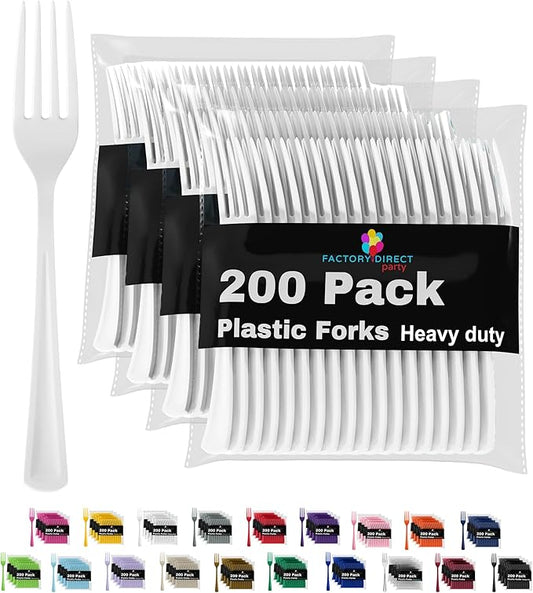 Party Solids White Plastic Forks 200 Pieces White Forks Disposable Utensils Heavy Duty Plastic Cutlery Set Disposable Cutlery Sets Flatware Sets Silverware Set Party Supplies & Party Tableware