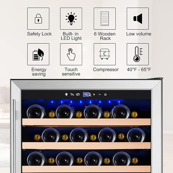 Tylza 24 Inch Wine Fridge, 54 Bottles Wine Refrigerator, Under Counter or Freestanding, 40-65°F, Lock, Double Layer Tempered Glass Door, Wine Cooler Refrigerator with Adjustable Wooden Shelves