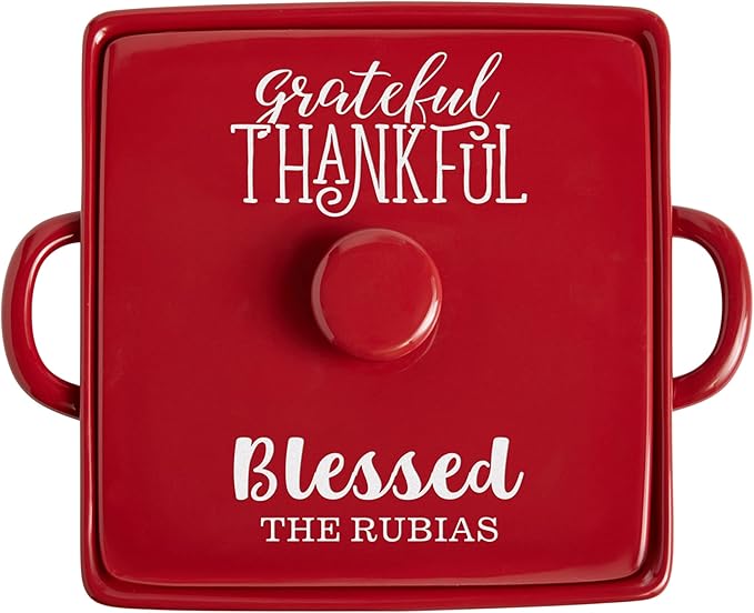 Let's Make Memories Personalized Grateful, Thankful, Blessed Stoneware - Red Casserole Dish