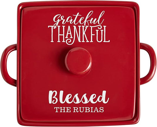 Let's Make Memories Personalized Grateful, Thankful, Blessed Stoneware - Red Casserole Dish