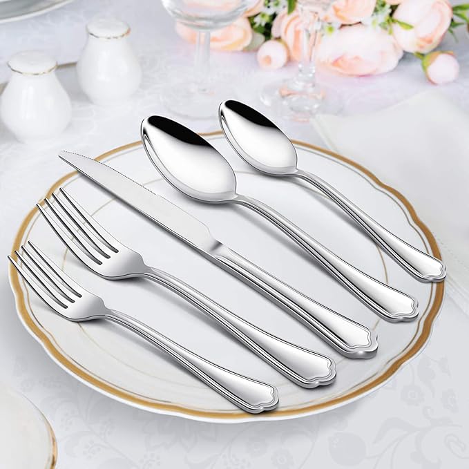 20-Piece Silverware Set, E-far Stainless Steel Flatware Cutlery Set Service for 4, Metal Tableware Eating Utensil Set, Dinner Knives/Forks/Spoons, Scalloped Edge & Mirror Polished - Dishwasher Safe