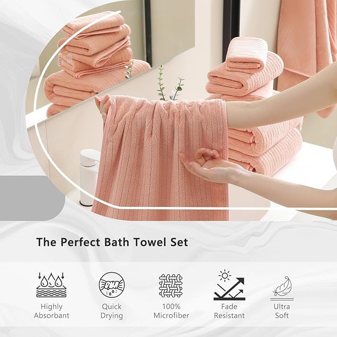 18 Piece Bath Towels Set,Super Soft Family Bathroom Towel Set with Hanging Loops-6 Bath Towels,6 Hand Towels,6 Washcloths,Highly Absorbent Quick Dry Shower Towel for Bathroom,Hotel,Spa-Blush Towel Set