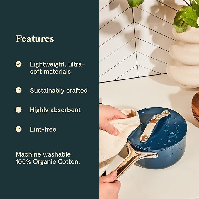 Caraway Tea Towels - Reusable Dish Towels - Made from 100% Organic Cotton - Highly Absorbent & Lint-Free - Perfect for Kitchen Cleanup or Table Setting - Extra Large Size - Navy