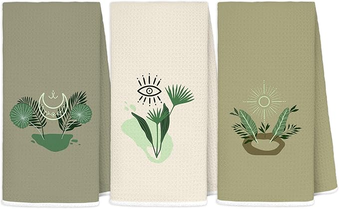 Sage Green Boho Botanical Kitchen Dish Towels, Mystical Witchy Celestial Sun and Moon Evil Eye Decorative Hand Towel for Bathroom, Boho Witchy Kitchen Bathroom Decor, 16x24 Inch Set of 3