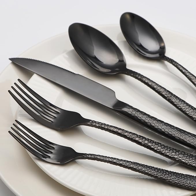 Black Hammered Silverware Set, 40 Piece Stainless Steel Flatware Set for 8, Food-Grade Tableware Cutlery Set for Home Restaurant, Mirror Polished, Dishwasher Safe