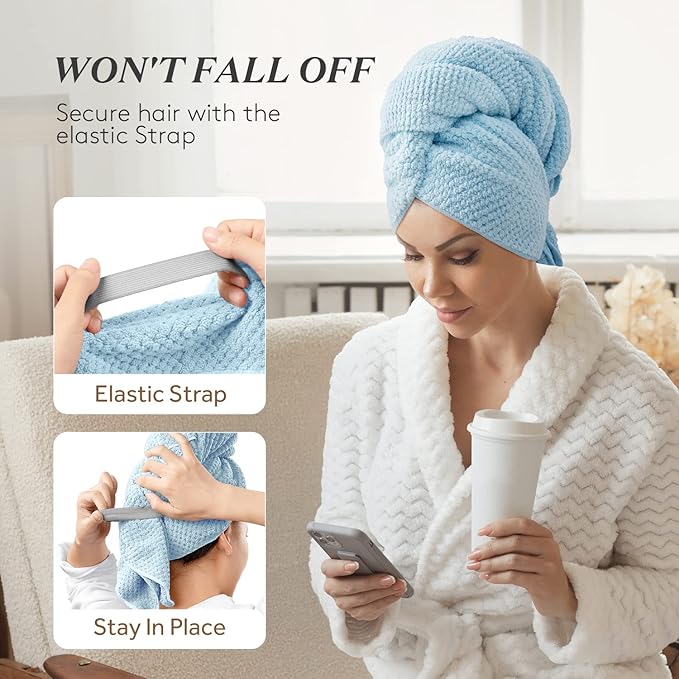 YFONG Large Hair Towel Wrap for Women, Super Absorbent Microfiber Hair Towel for Curly Hair, Fast Drying Hair Turbans with Elastic,Hair Drying Towel Wrap for Hair Care 26.3" X 40" (Blue)