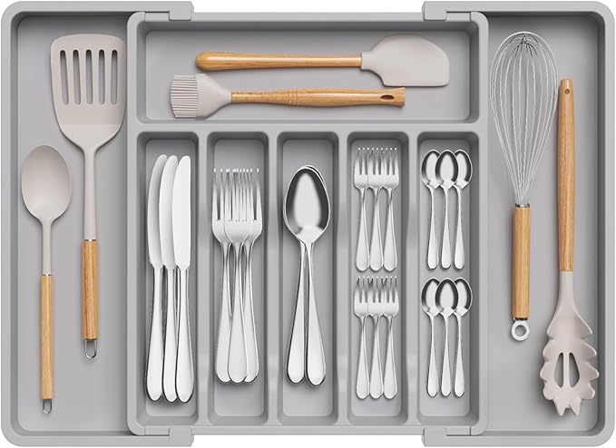 Lifewit Silverware Drawer Organizer, Expandable Utensil Tray for Kitchen, BPA Free Flatware and Cutlery Holder, Adjustable Plastic Storage for Spoons Forks Knives, Large, Grey