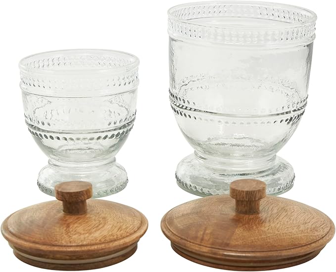 Deco 79 Glass Living Room Decorative Jars Beaded Decorative Container with Wood Lids, Set of 2 Jar with Lid 8", 7"H, Clear