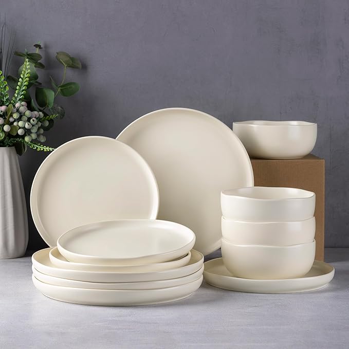 AmorArc Ceramic Dinnerware Sets, Wavy Rim StonewarePlates and Bowls Sets, Highly Chip and Crack Resistant | Dishwasher & Microwave & Oven Safe Dishes set, Service for 4 (12pc)