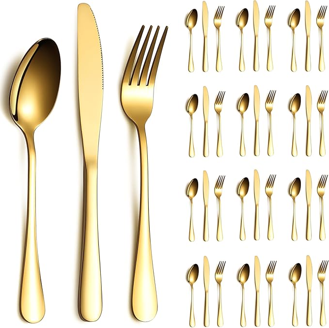 Gold Silverware Set 36 Pieces Service for 12, Stainless Steel Titanium Gold Flatware Set include Knives Spoon Forks Set, Silverware Set, Serving Utensil Set