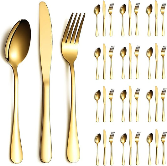 Gold Silverware Set 36 Pieces Service for 12, Stainless Steel Titanium Gold Flatware Set include Knives Spoon Forks Set, Silverware Set, Serving Utensil Set