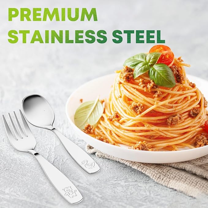 12 Pieces Toddler Utensils, Kids Stainless Steel Silverware Set - 6pcs Forks and 6pcs Spoon, Cute Children Flatware Sets with Mirror Polished, Self Feeding Safe, Dishwasher Safe