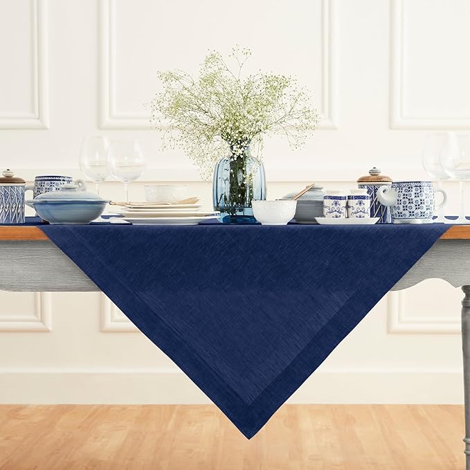Solino Home Royal Blue Linen Tablecloth 52 x 52 Inch - 100% Pure Linen Square Table Throw - Athena, Machine Washable Tablecloth for Christmas, New Year