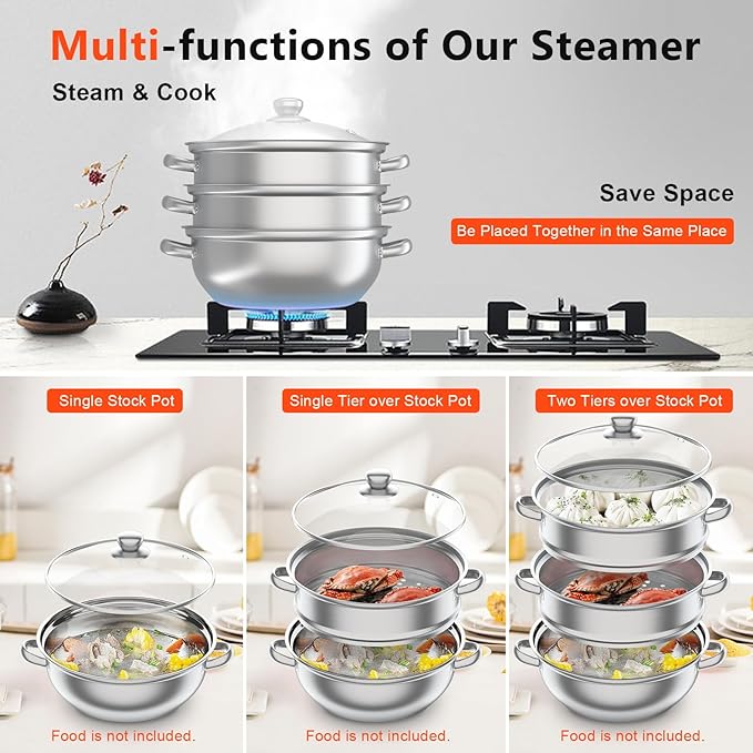 3-Tier Stainless Steel Steamer Pot with Explosion-Proof Glass Lid, 11'' Food Steamer Cooker, Stackable Pan Insert for Induction/Gas/Electric Stoves, 3 Separate Steam Cookware Pot Saucepan