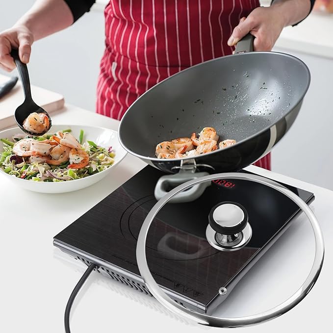 Woogim Universal Lid for Pans 11 Inch with Steam Vent,Silicone Handle Included,4mm Tempered Glass Wide Edge Heat Locking for Cast Iron Skillets, Frying Saute Pan, Cooking Pot