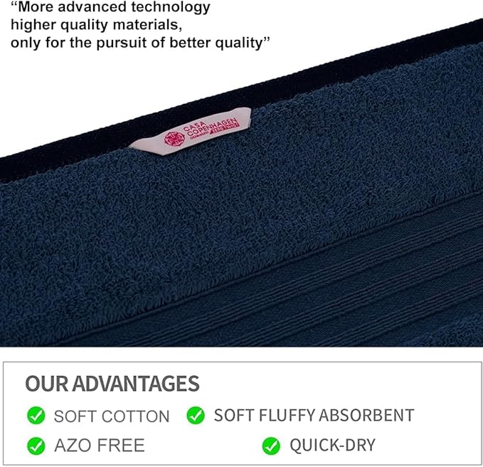 CASA COPENHAGEN Zero Twist, 6 Pieces Set 100% Cotton 0" Twist Towel Set- Navy Blue, 600 GSM, 2 Bath, 2 Hand, 2 Washcloths Made from Egyptian Cotton, Ultra Soft Luxury Towels for Bathroom