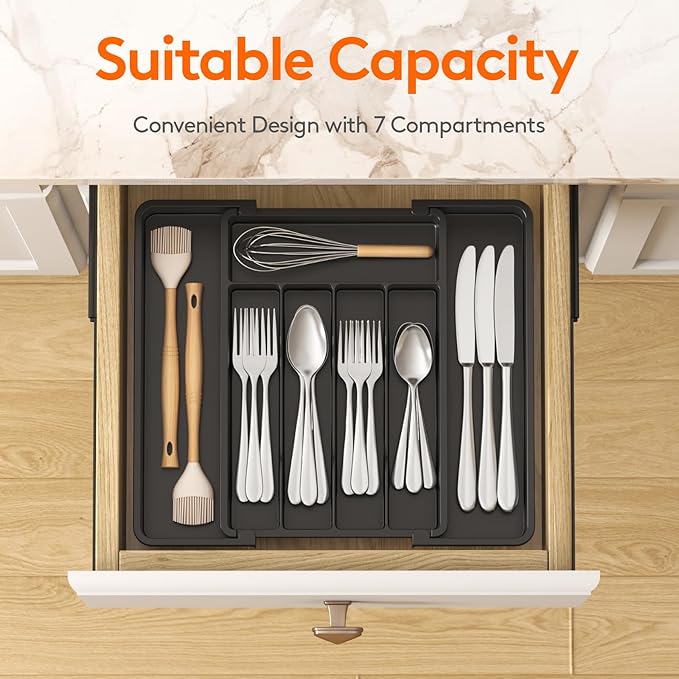 Lifewit Silverware Drawer Organizer, Expandable Utensil Tray for Kitchen, BPA Free Flatware and Cutlery Holder, Adjustable Plastic Storage for Spoons Forks Knives, 8.5"-14.1" x 12.1", Black