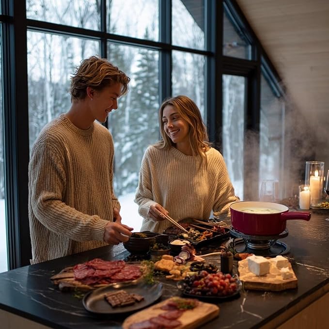 Artestia Cast Iron Swiss Fondue Set – Swiss Traditional 2L Cheese & Chocolate Fondue Pot for 4-6 People – Ideal for Melting Cheese, Chocolates, Caramel, & More, Red