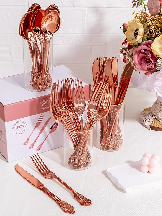 WDF 120Pieces Rose Gold Plastic Silverware - Heavy Duty Rose Gold Plastic Cutlery Set - Disposable Utensils - Flatware Includes 40 Forks, 40 Spoons, 40 Knives for Wedding, Valentines Day