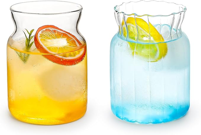 Koythin 2-Piece Ribbed Glass Cups, Vintage Drinking Glassware for Iced Coffee Juice Cocktails Milk Tea Beer, 14 oz/420 ml Cute Bubble Cup with Rounded (Bottle Chubby)
