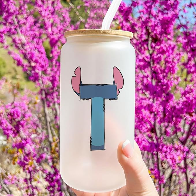 Cute Cartoon Lover Gifts Initial A-Z Personalized Iced Coffee Cup Cartoon Merch 16oz Glass Cup with Lid and Straws Birthday Christmas Gifts for Women Teen Girls Fans (Letter T)