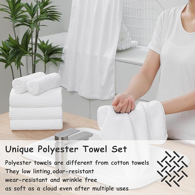 18 Pcs White Woven Family Towels Set-6 Bath Sheets,6 Hand Towels,6 Washcloths Soft Polyester Towels Absorbent Shower Towel Quick Dry Beach Chair Towel Lint Less Towels Set for Bathroom Spa Gym Hotel