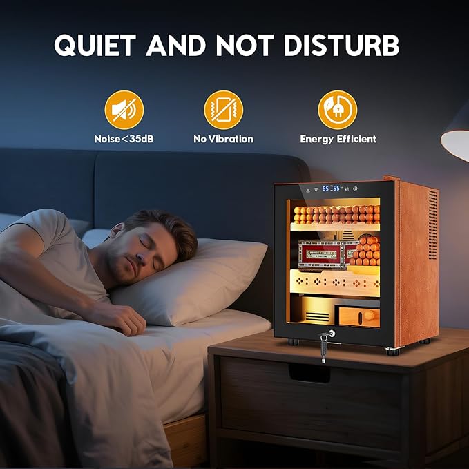 Tylza Leather Trim Cigar Humidor, 50L Cigar Humidor Cabinet with Auto Humidity & Temp Control, 400 Counts, 3 LED Lights, Spanish Cedar Wood, Cigar Humidors with Safety Lock, Gifts for Men