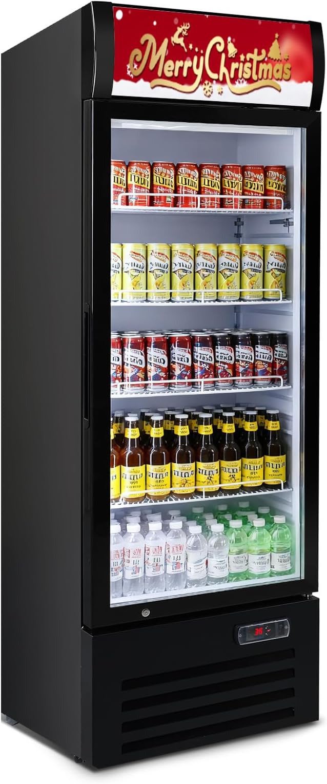 Commercial Refrigerator Beverage Cooler, 12.5 Cu.Ft Display Refrigerator with Glass Door, Drink Fridge with Led Light, 4 Adjustable Shelves, Merchandiser Refrigerator for Beer, Bar, Shop