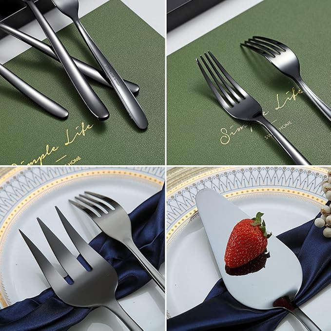 Black Stainless Steel Flatware Set 46 Piece, Cutlery & Utensil Set - Cake Server, Serving Spoon, Fork, Sugar Spoon, Butter Knife (Shiny Black)