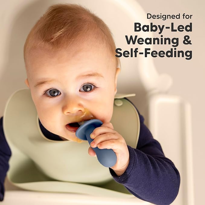 KeaBabies 4-Pack Silicone Baby Spoons and Forks Set - Baby Led Weaning Utensils 6-12 Months, Self Feeding Toddler Spoon & Fork for Training, Teething, Easy to Hold, BPA-Free Silicone (Slate)