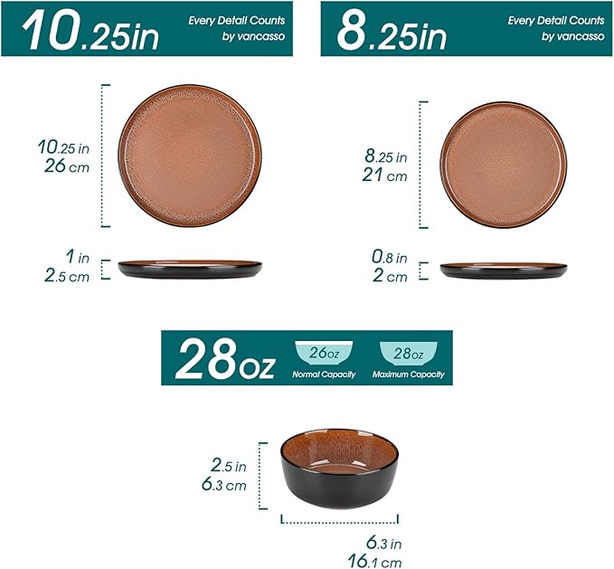 vancasso Plates and Bowls Sets, 24 Pieces Stoneware Dinnerware Sets for 8, Kitchen Dish Set Mircowave and Dishwasher Safe Ceramic Dishware, Dark Brown, Series AMBER