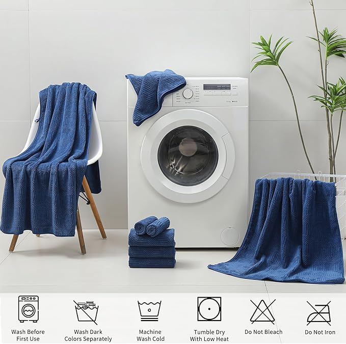 18 Pcs Navy Woven Family Towels Set-6 Bath Sheets,6 Hand Towels,6 Washcloths Soft Microfiber Towels Absorbent Shower Towel Quick Dry Beach Chair Towel Lint Less Towels Set for Bathroom Spa Gym Hotel