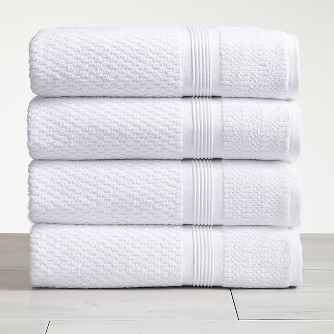 Market & Place 100% Cotton Waffle Textured Bath Towels Set of 4 | Super Soft Quick Dry Bath Towels | Decorative Towels for Bathroom | Zoey Collection (White)