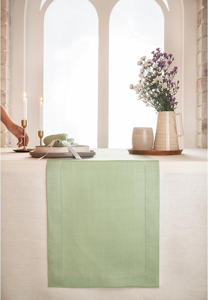 D'Moksha Homes Linen Sage Green Table Runner 90 Inches Long - Classic Hemstitch 100% Pure Linen Dining Table Runner 14 x 90 Inch for Winter, Holiday, New Year