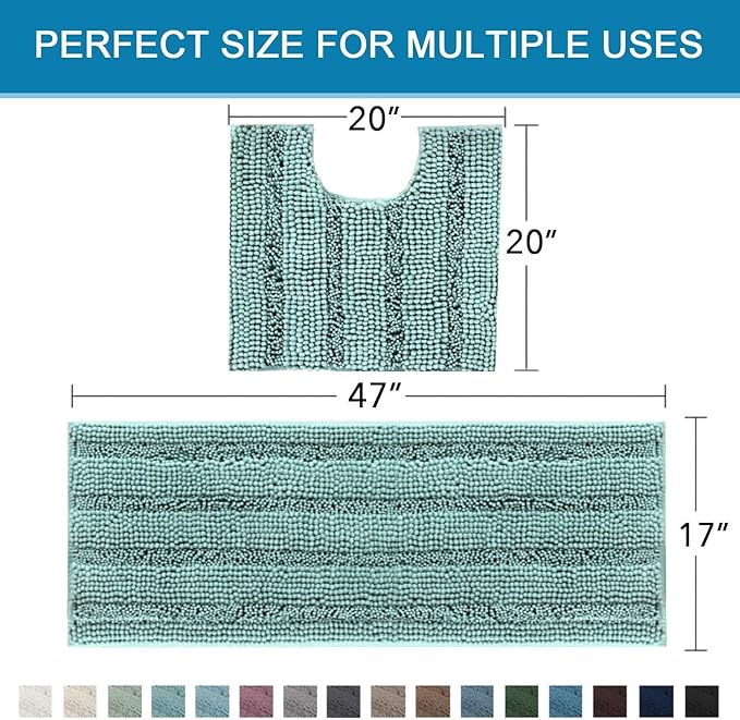 H.VERSAILTEX Bathroom Rugs Bath Rug Set 2 Piece Bathroom Contour Rug Toilet Mat Sets Non Slip Contour Bath Rug Ultra Thick Water Absorbent Striped Bath Mats(47" x 17" Plus 20" x 20" U, Eggshell Blue)