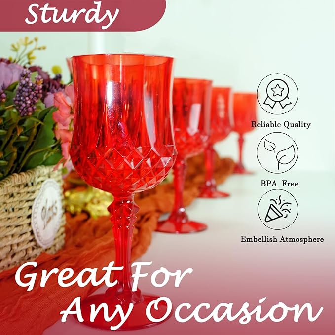 Plastic Wine Glasses，Plastic Goblets Vintage Style Cordial Drinking Glasses for Wedding Reception, Christmas Grand Event Party Supplies (12, Red)