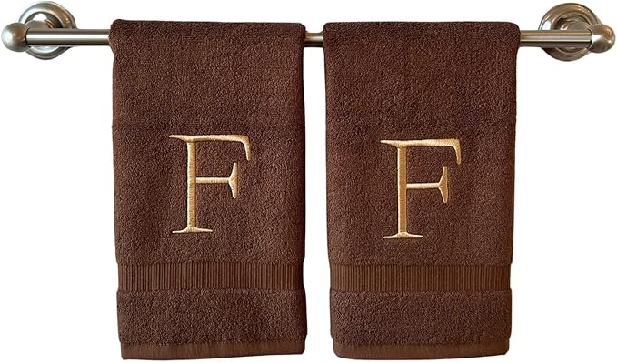 Brown Initial Hand Towel for Bathroom - Monogrammed Luxury Hotel Quality Decorative Embroidered Towel for Powder Room, Spa - GOTS Organic Certified - Set of 2 Beige Letter F