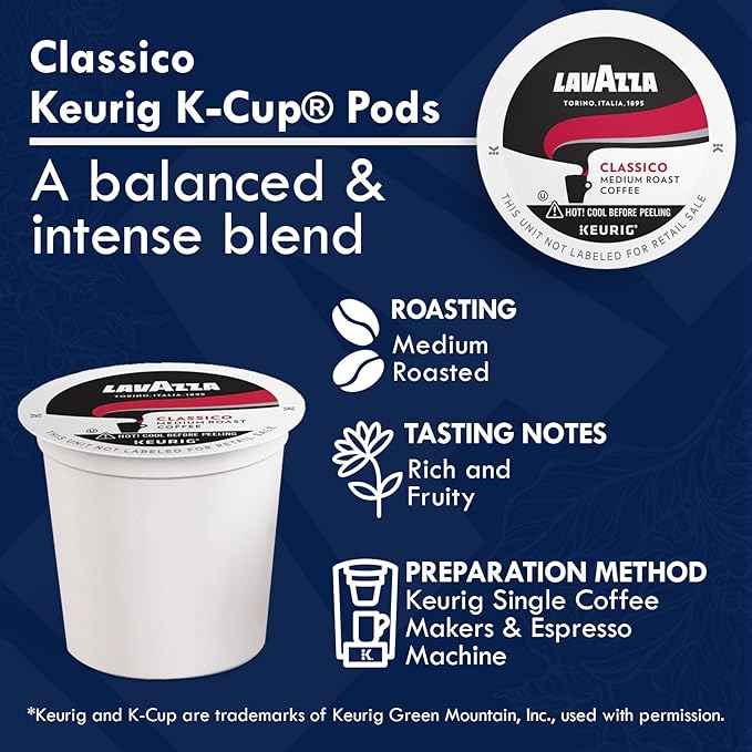 Lavazza K-Cups Coffee Pods Variety Pack – 30 Count (10 Each) – Classico, Perfetto & Gran Aroma – 100% Arabica Espresso – Light, Medium & Dark Roast – Compatible with Keurig Single Serve Brewers