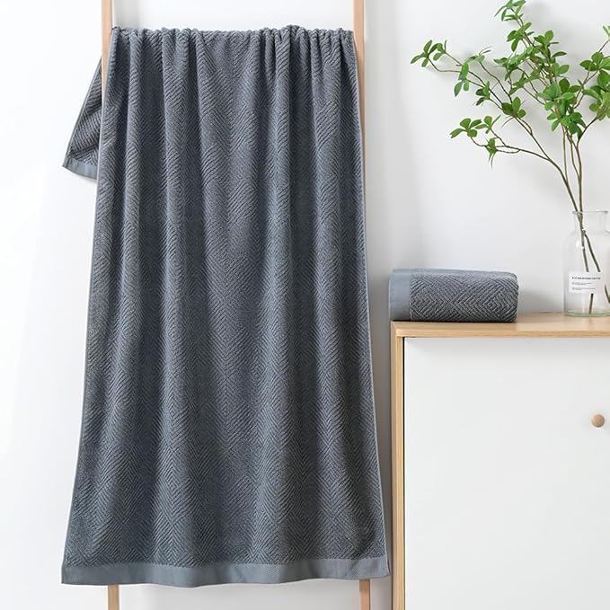 sense gnosis Grey Herringbone Bath Towel Set of 2 Premium 100% Cotton Striped Weave Ultra Soft Highly Absorbent Bath Towel for Bathroom 27 X 55 Inch