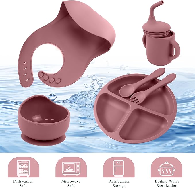 6-Piece Baby Feeding Set, Silicone Baby Mealtime Kit for Food-Grade Strong Suction Baby Plate+Baby Cup+ Bib+Fork+Spoon+Bowl, Toddler Eating Essentials Washable Parenting Gift Idea (Burgundy)