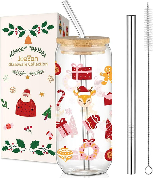 Joeyan Christmas Glass Cups with Lids and Straws,20 oz Iced Coffee Tumbler with Gingerbread Man and Elk Patterns,Cute Can Shaped Beer Drinking Glasses,Holiday Gifts for Women Mom Friend