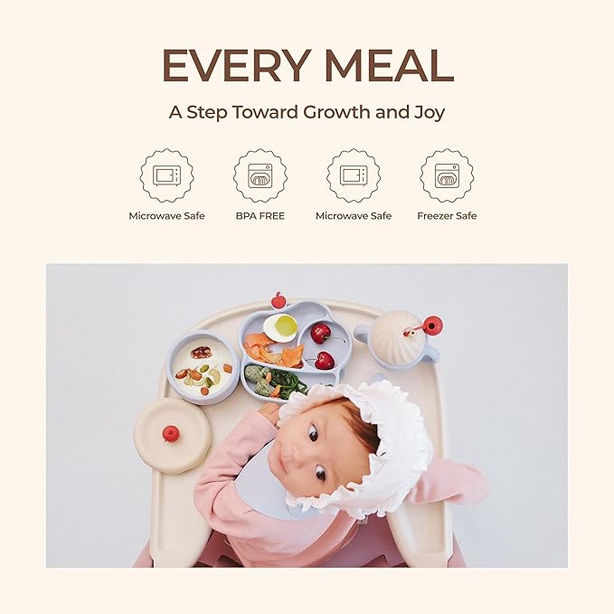 Silicone Baby Feeding Set, Gelato Collection Baby Led Weaning Supplies, First Self-Feeding Set with Suction Bowl & Plate, Sippy Cup & Bib, Fork & Spoon - Blue