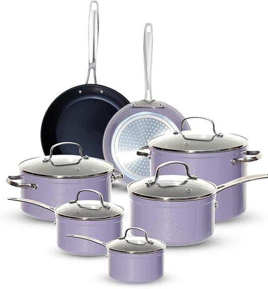 Nuwave Healthy G11-Pots and Pans Set Non Stick, 9H Near-Diamond Hardness Scratch-Resistant, Works on All Stovetops, PFAS Free, with Frying Pans, Saucepans & Glass Lids, Stay-Cool Handles, Lilac