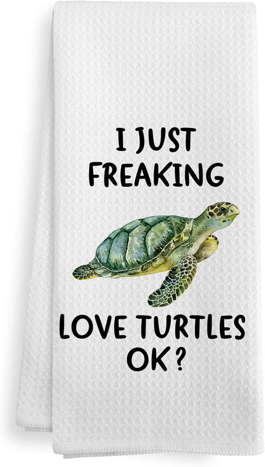 Coastal Sea Turtle Beach House Room Decor Dish Hand Tea Towels for Bathroom Kitchen Home, Sea Turtles Gifts for Women Turtle Lovers, I Just Freaking Love Turtles Kitchen Towels, 16x24 Inch