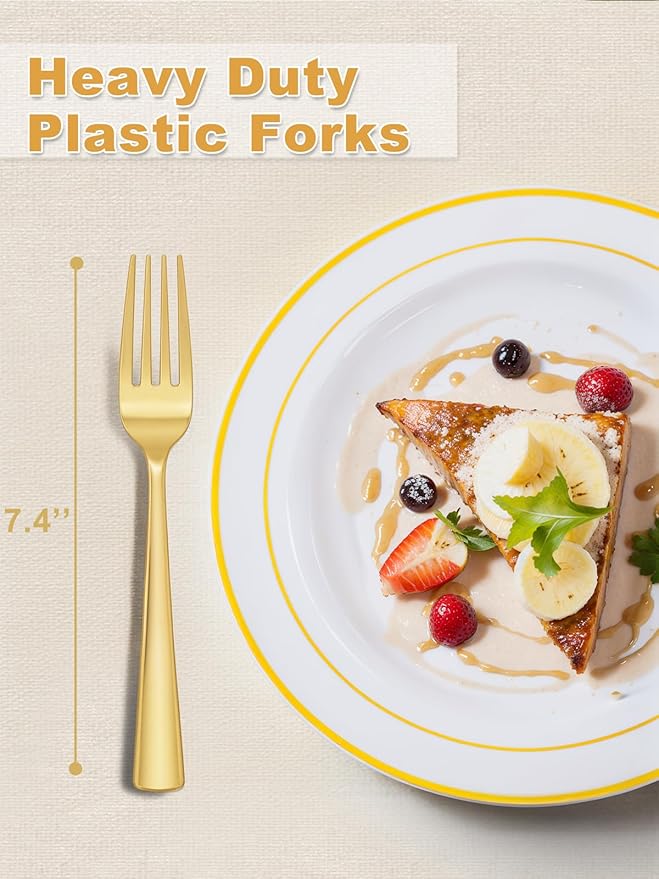 WDF 300PCS Gold Plastic Forks - Heavy Duty Gold Forks Disposable - Sturdy&Durable Plastic Silverware Bulk for Wedding/Christmas Party/Daily Using