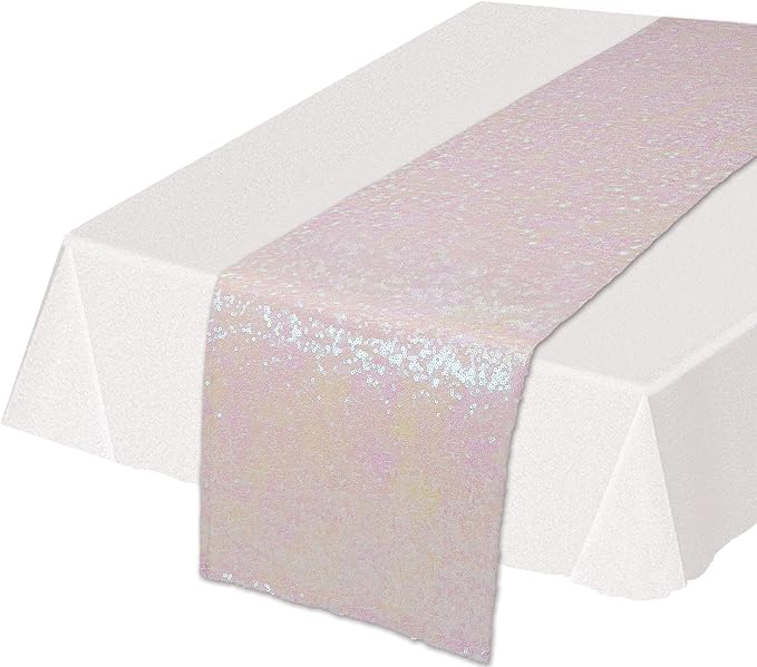 Beistle Rectangluar Shiny Sequined Table Runner For Party Event Birthday Wedding Baby Shower Holiday Celebration Decorations, 11.25" x 75", Opalescent