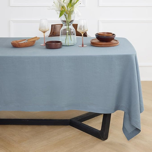 Solino Home Linen Dusty Blue Tablecloth 70 x 132 Inch - 100% Pure Linen Rectangular Tablecloth - Machine Washable Table Cloth for Winter - Sonoma